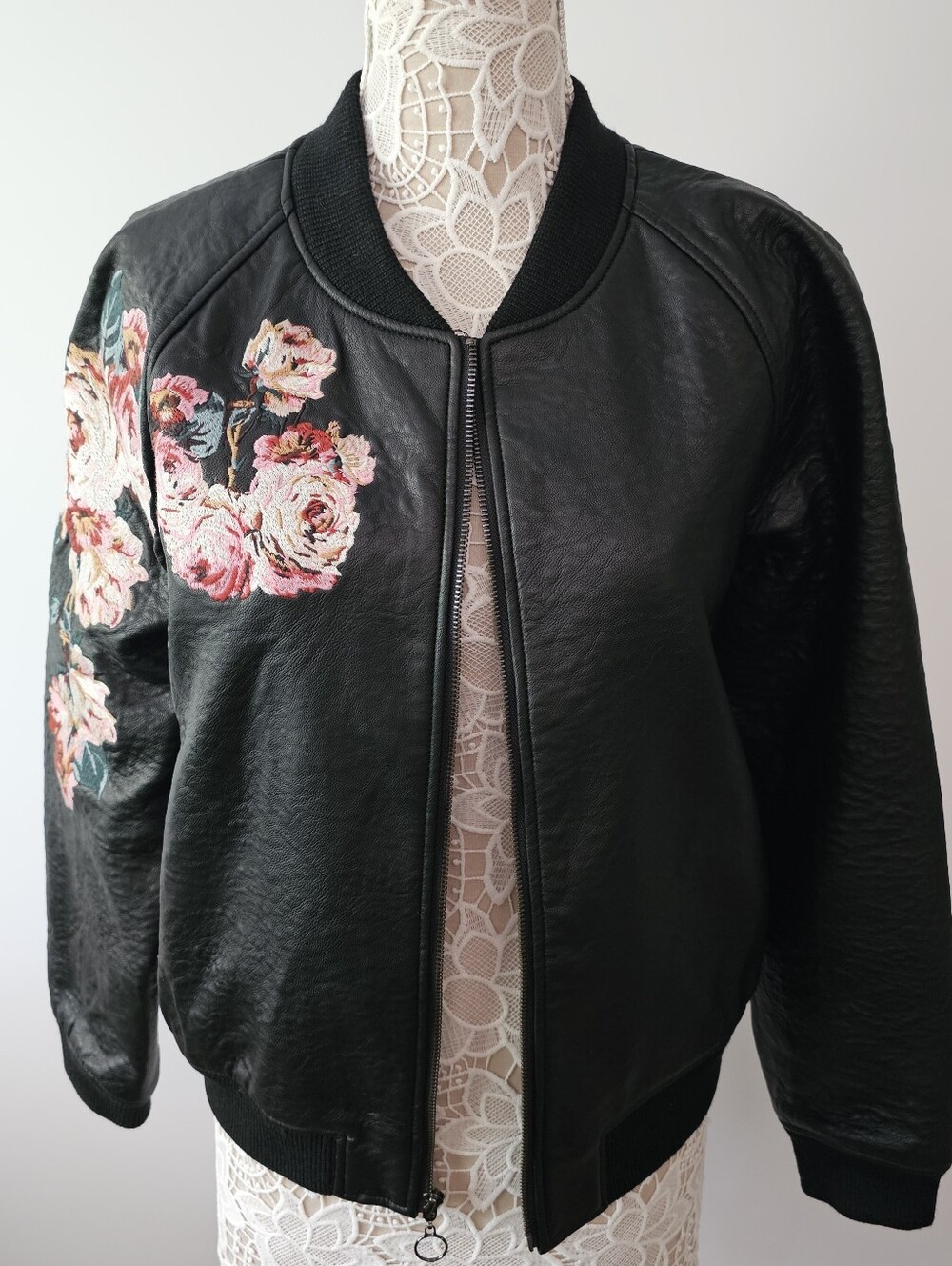 Joe's Jeans Collection | Floral Embroidered Faux Leather Bomber Jacket | Large
